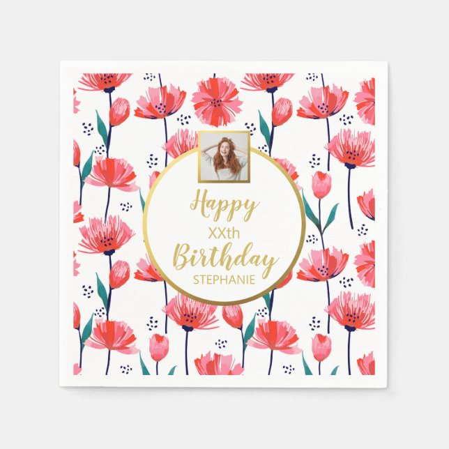 Pretty Pink Tulips, Custom Photo Text, Birthday Napkin (Front)