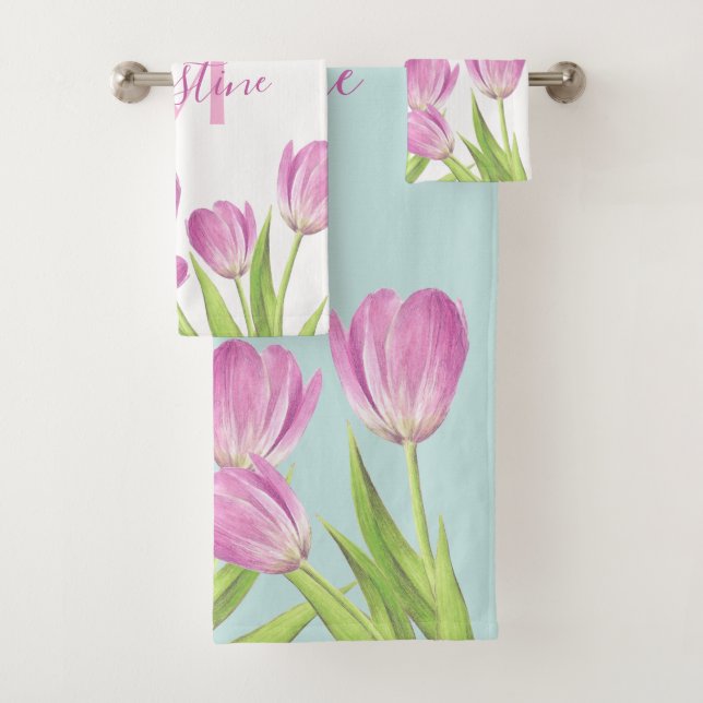 Pretty Pink Tulips Spring Elegant Floral Monogram Bath Towel Set (Insitu)