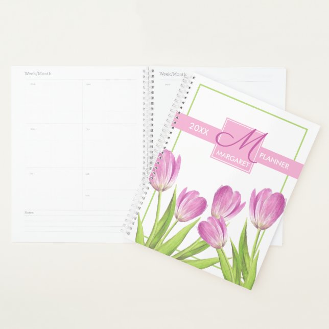 Pretty Pink Tulips Spring Elegant Floral Monogram Planner (Display)