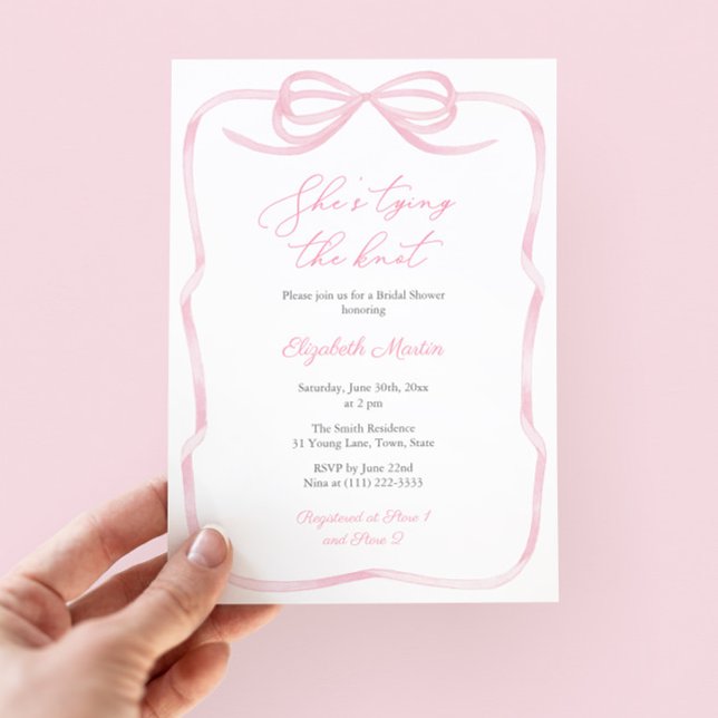 Pretty Pink Tying The Knot Bow Bridal Shower Invitation (Girly pink and white bow bridal shower invite with ribbon border and pink white striped reverse)