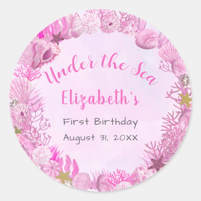 Pretty Pink Under The Sea Girl's Birthday  Classic Round Sticker (Front)