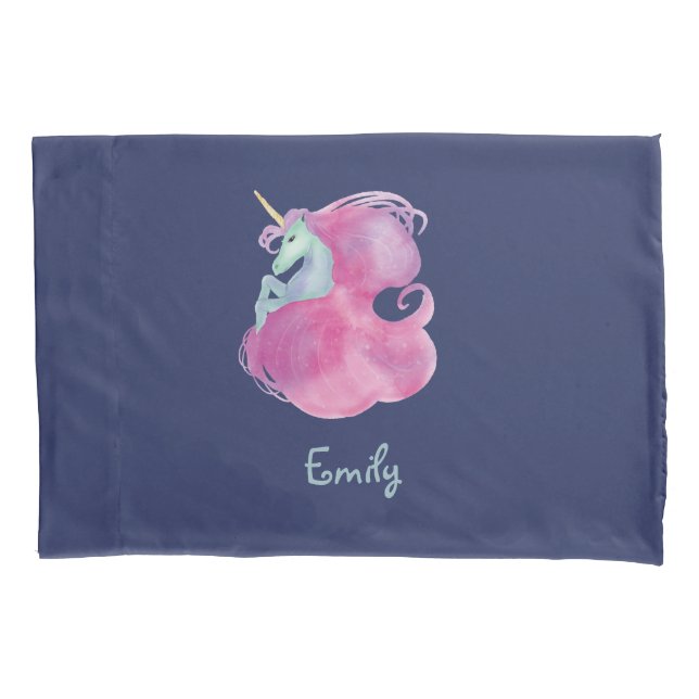 Pretty Pink Unicorn on Blue Pillow Case (Front)