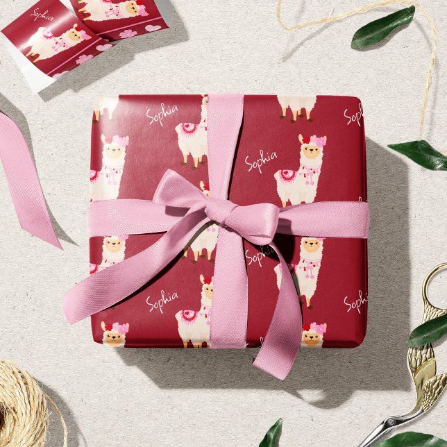 Pretty Pink Valentine's Day Llama Little Girl Name Wrapping Paper (Creator Uploaded)