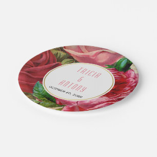 Pretty pink vintage roses floral wedding paper plate