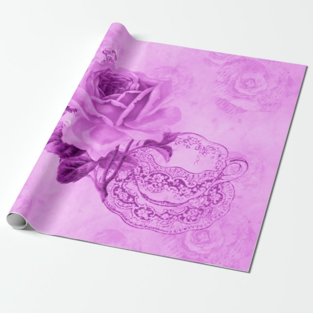 Pretty Pink Vintage Teacup &Flowers Wrapping Paper (Unrolled)