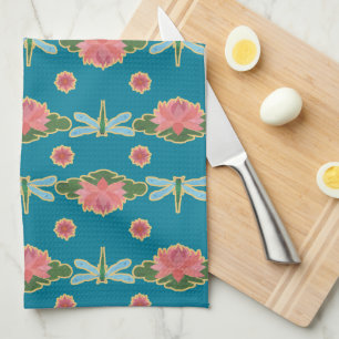 Pretty Pink Water Lilies Dragonflies Tea Towel