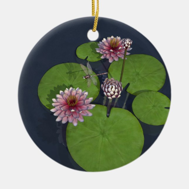 Pretty Pink Water Lily and Dragonfly Ceramic Tree Decoration (Front)