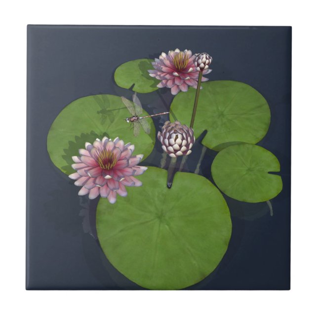 Pretty Pink Water Lily and Dragonfly Tile (Front)
