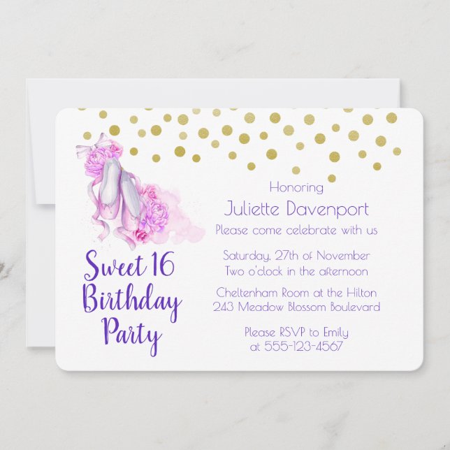 Pretty Pink Watercolor Ballet Theme Birthday Invitation (Front)