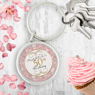 Pretty Pink Watercolor Floral 50th Birthday Key Ring