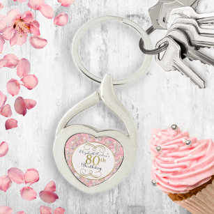 Pretty Pink Watercolor Floral 80th Birthday  Key Ring