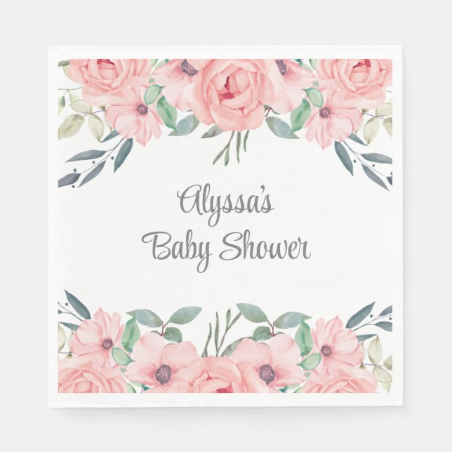Pretty Pink Watercolor Floral Baby Girl Shower Napkin (Front)