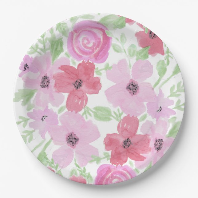 Pretty Pink Watercolor Floral Paper Plate (Front)