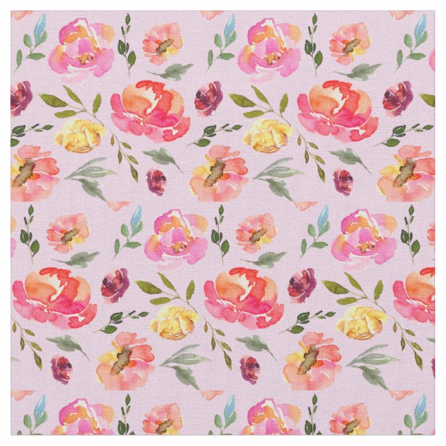 Pretty Pink Watercolor Floral Pattern Fabric (Close Up)