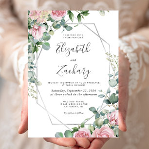 Pretty Pink Watercolor Floral Silver Frame Wedding Invitation