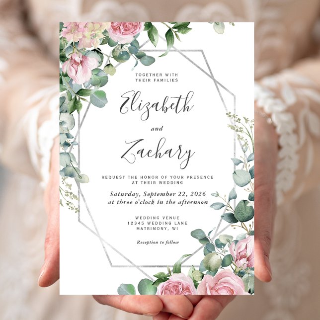 Pretty Pink Watercolor Floral Silver Frame Wedding Invitation (Creator Uploaded)