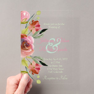 Pretty pink watercolor floral wedding acrylic invitations
