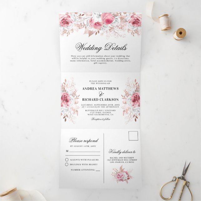 Pretty Pink Watercolor Floral Wedding Tri-Fold Invitation (Inside)