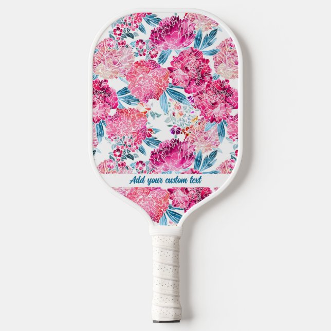 Pretty Pink Watercolor Flower Pattern Custom Text  Pickleball Paddle (Front)