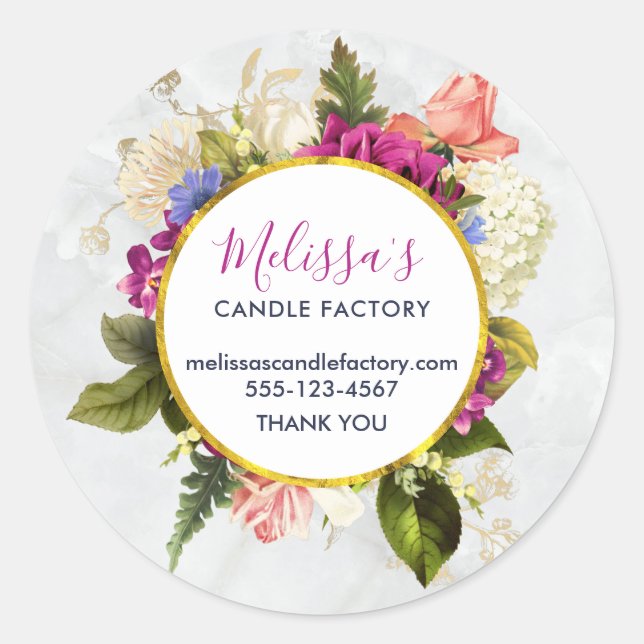 Pretty Pink Watercolor Flowers Business Classic Round Sticker (Front)