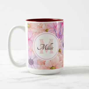 Pretty Pink Watercolor Flowers Monogrammed for her Two-Tone Coffee Mug