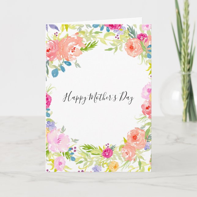 Pretty Pink Watercolor Flowers Mother's Day Card (Front)