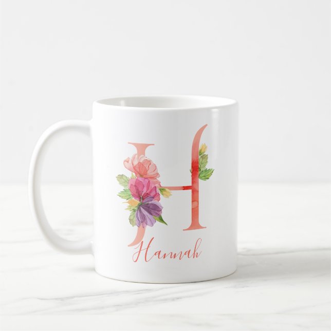Pretty Pink Watercolor Letter "H" Coffee Mug (Left)