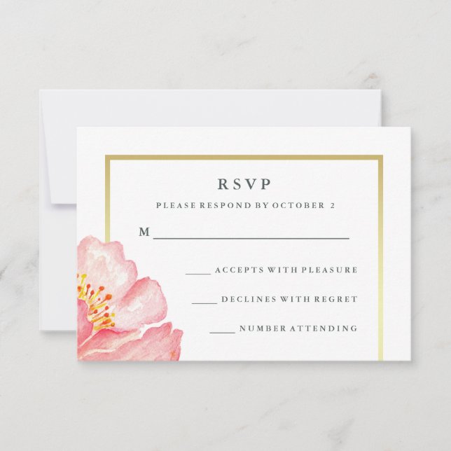 Pretty Pink Watercolor Peony on White RSVP Card (Front)