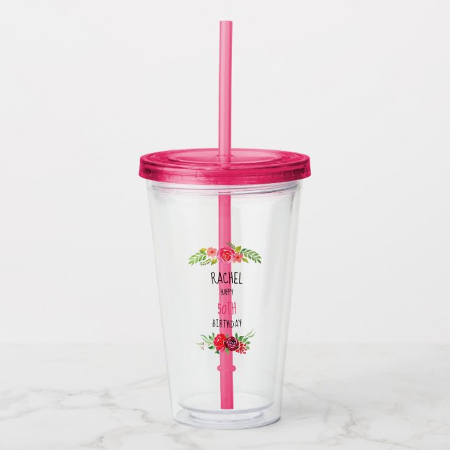 Pretty Pink Watercolor Rose Happy Birthday Text - Acrylic Tumbler (Front)