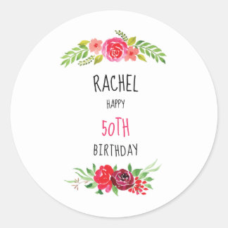 Pretty Pink Watercolor Rose Happy Birthday Text - Classic Round Sticker