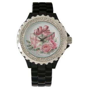 PRETTY PINK WATERCOLOR ROSES & GIFT BOX WATCH