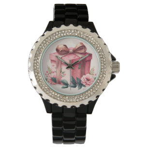 PRETTY PINK WATERCOLOR ROSES & GIFT BOX WATCH