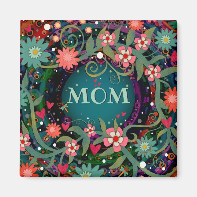 Pretty Pink Whimsical Floral Dragonfly Mum  Magnet (Front)