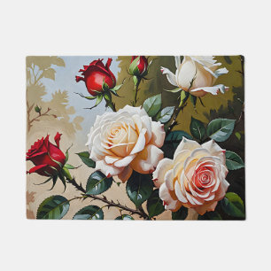 Pretty pink white and red roses oil painting doormat