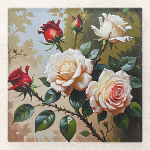 Pretty pink white and red roses oil painting glass coaster