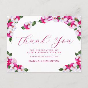 Pretty Pink White Floral 90th Birthday Thank You Postcard