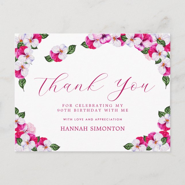 Pretty Pink White Floral 90th Birthday Thank You Postcard (Front)
