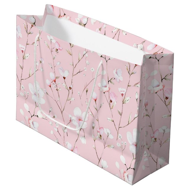 Pretty Pink White Floral Bridal Shower Large Gift Bag (Front Angled)