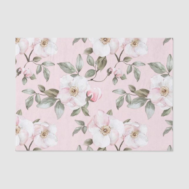 Pretty Pink White Flowers Bridal Shower Tissue Paper (Front)