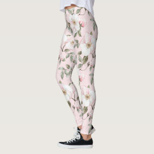 Pretty Pink White Flowers Leggings