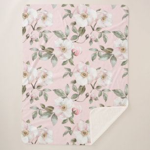 Pretty Pink White Flowers   Sherpa Blanket