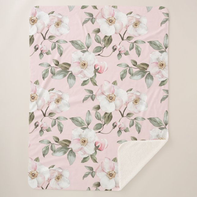 Pretty Pink White Flowers   Sherpa Blanket (Front)