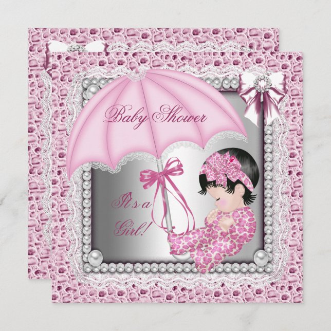 Pretty Pink White Girl Baby Shower Invitation (Front/Back)