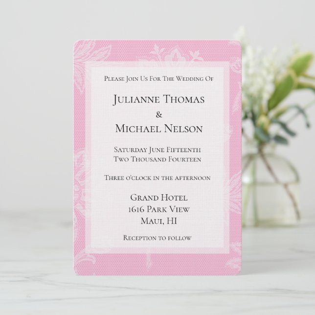 Pretty Pink White Lace Floral Romantic Wedding Invitation (Standing Front)