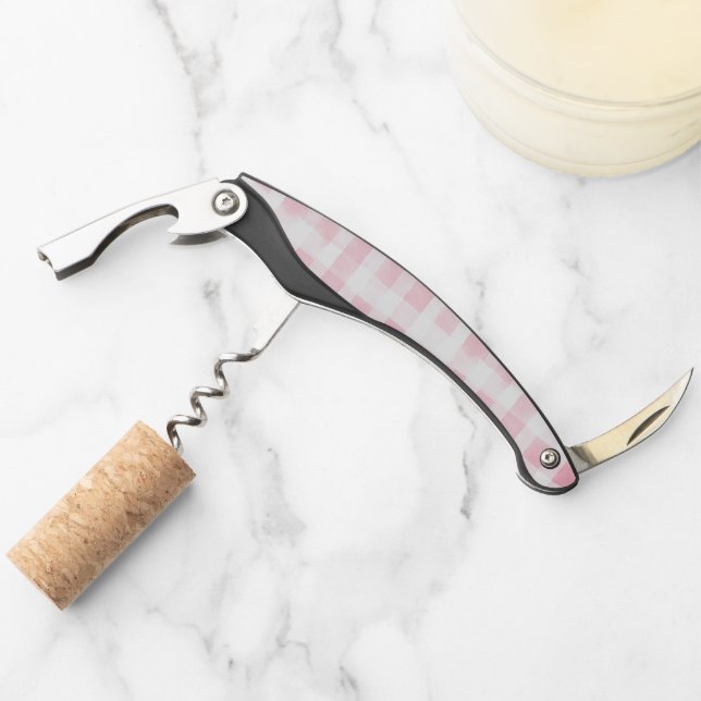 Pretty Pink White Plaid Stripes Bridal Shower Corkscrew (Front)