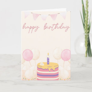 Pretty pink, white & purple layered cake, balloons card