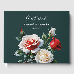 Pretty pink white red roses floral green wedding guest book