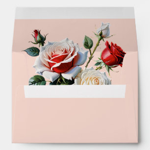 Pretty pink white red roses floral wedding envelope