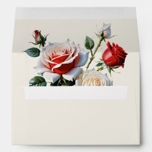 Pretty pink white red roses floral wedding envelope
