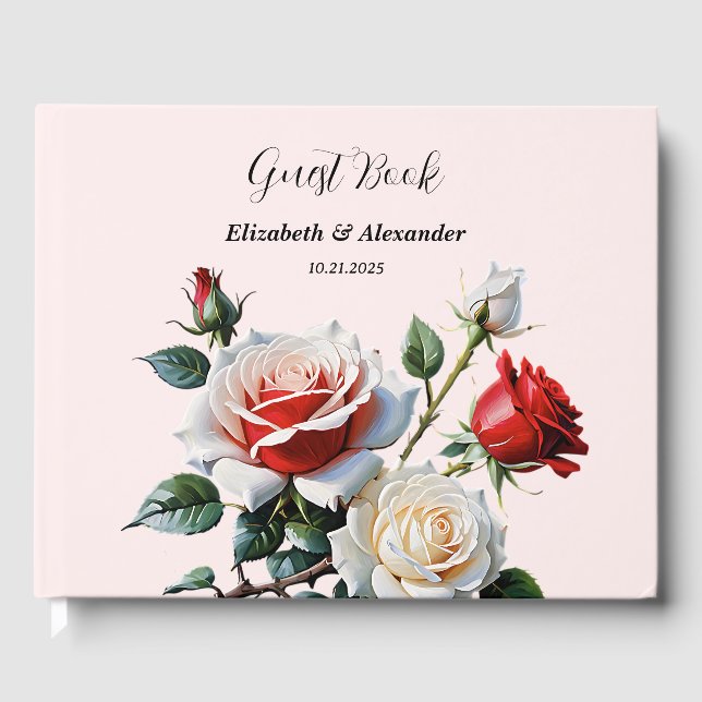 Pretty pink white red roses floral wedding  guest book (Front)